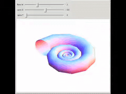 3D shell morphing as Raup's three parameters W (whorl expansion), D (distance from coiling axis), and T (translation along axis) are swept