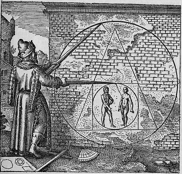 Atalanta Fugiens Emblem 21 — the alchemist squaring the circle with a compass, geometry enclosing a male and female figure