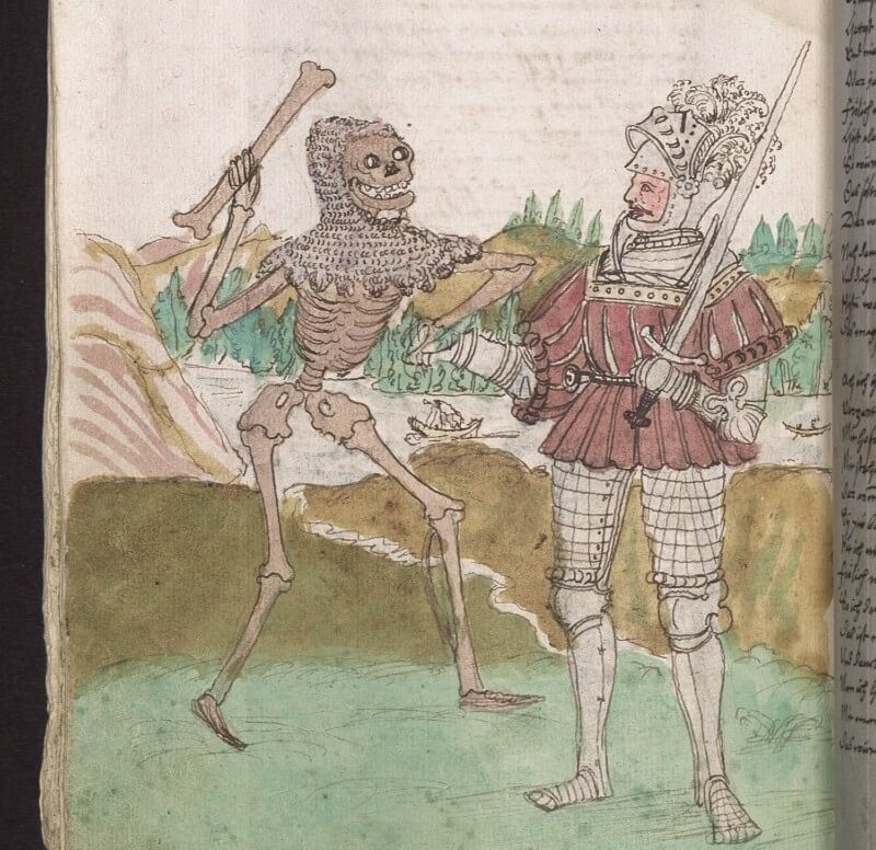 Hand-colored medieval manuscript illustration of Death confronting a knight, Dance of Death tradition