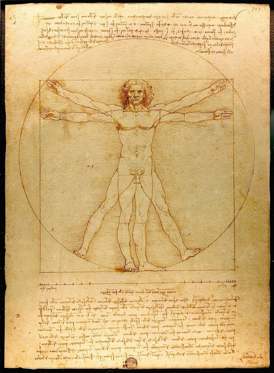 Leonardo da Vinci's Vitruvian Man, a study of ideal human proportion inscribed in a circle and square