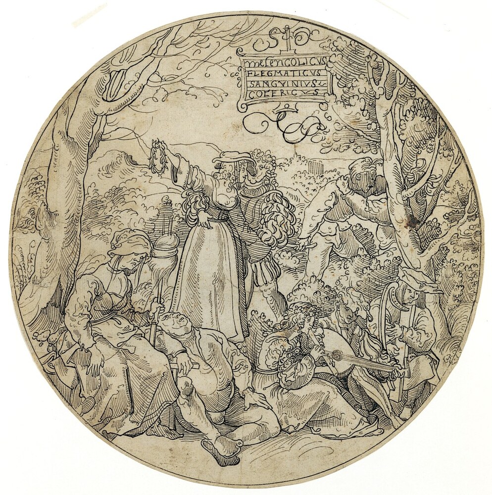 16th-century Renaissance roundel drawing personifying the four temperaments, each labelled in Latin — melancolicus, flegmaticus, sanguinius, colericus