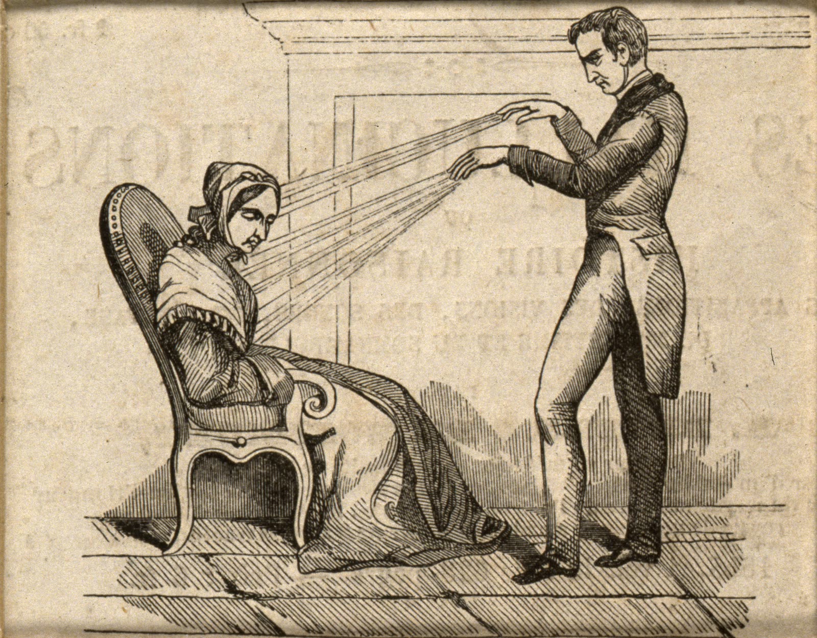 A practitioner of mesmerism using animal magnetism on a seated female patient, 18th-century engraving