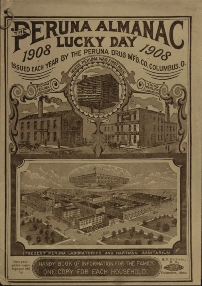 Cover of a Peruna patent-medicine almanac — a nineteenth-century advertising almanac for a proprietary tonic