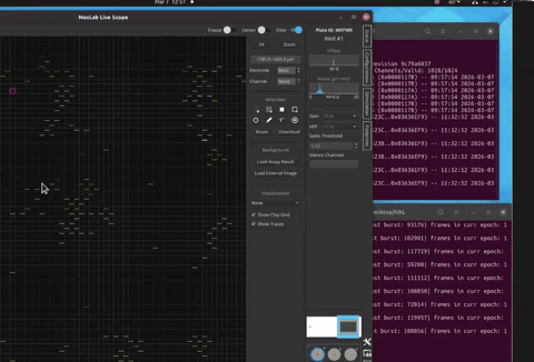 MaxLab Live Scope from Wesley Clawson's talk — high-density CMOS-MEA electrode grid showing live spike events as scattered red and yellow dots across the array, with a side panel logging burst frame counts in real time.