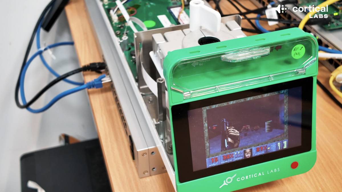 Cortical Labs CL1 biological computer with DOOM running on the connected monitor